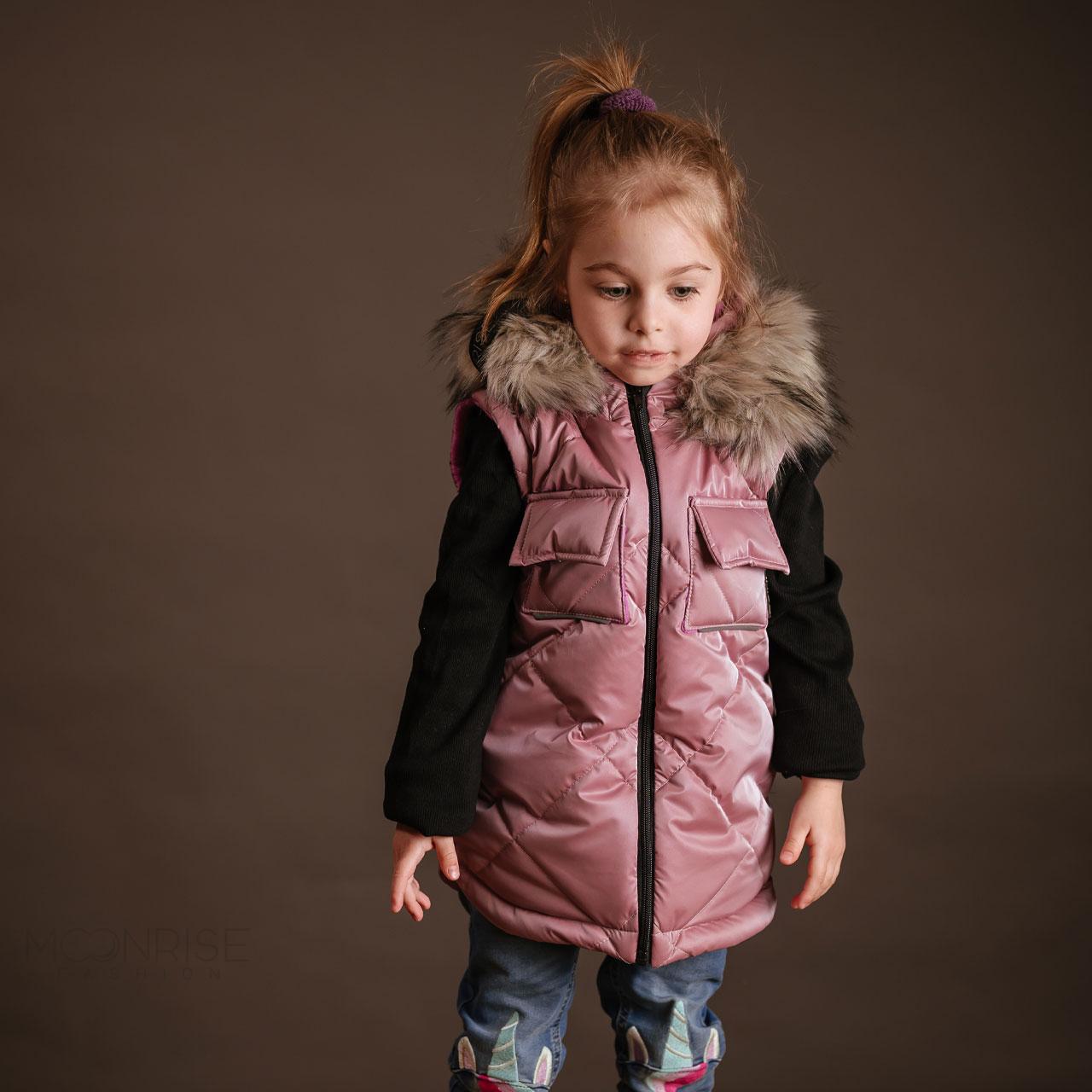 Detská vesta s odjímateľnou kožušinkou - old pink zamatový efekt