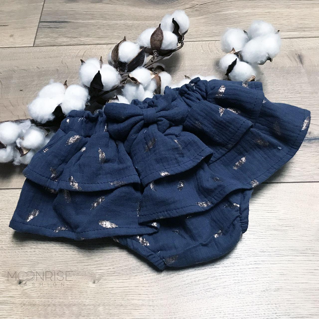Mušelínové čukotky s volánmi a mašličkou - blue feathers