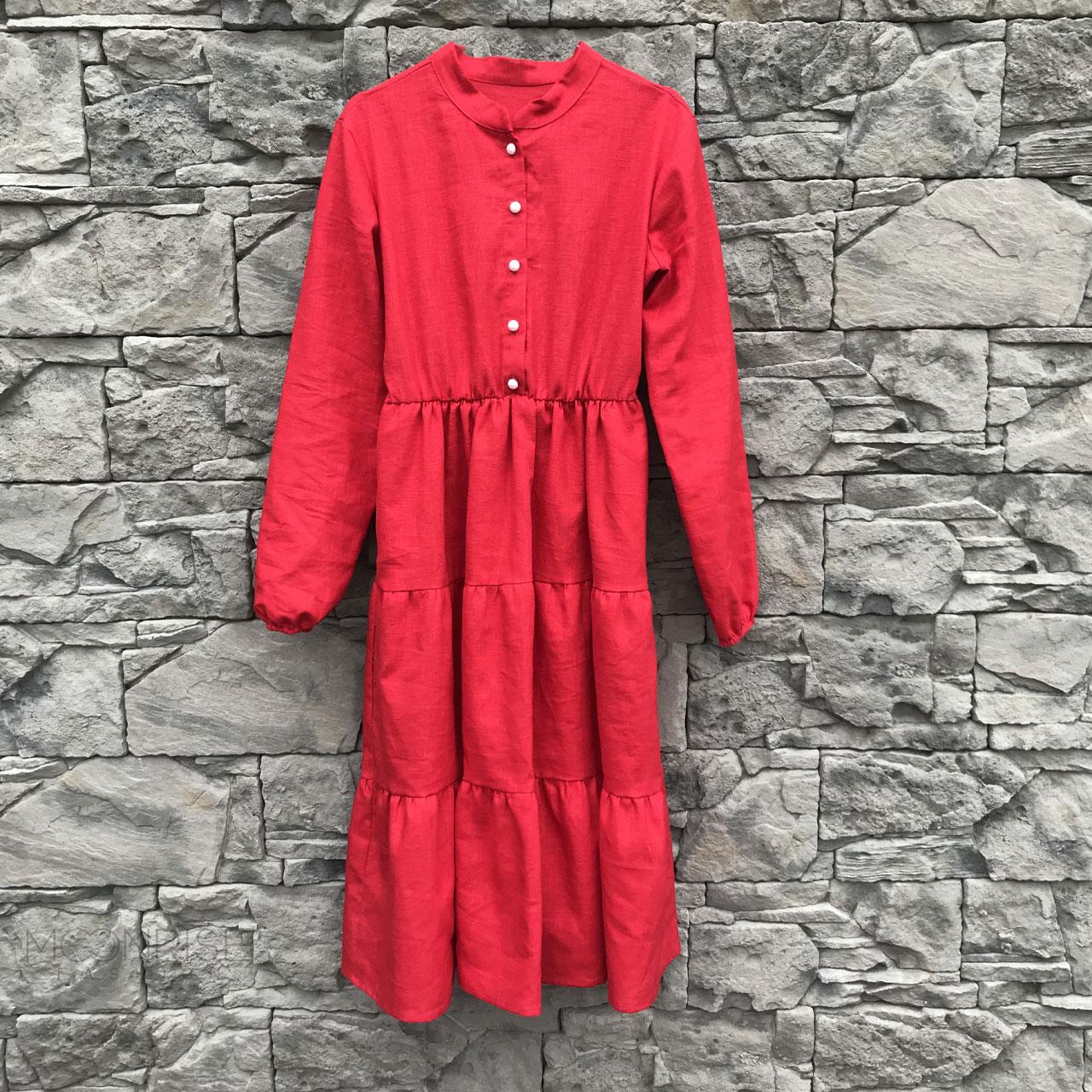 Dámske ľanové šaty s volánmi - red