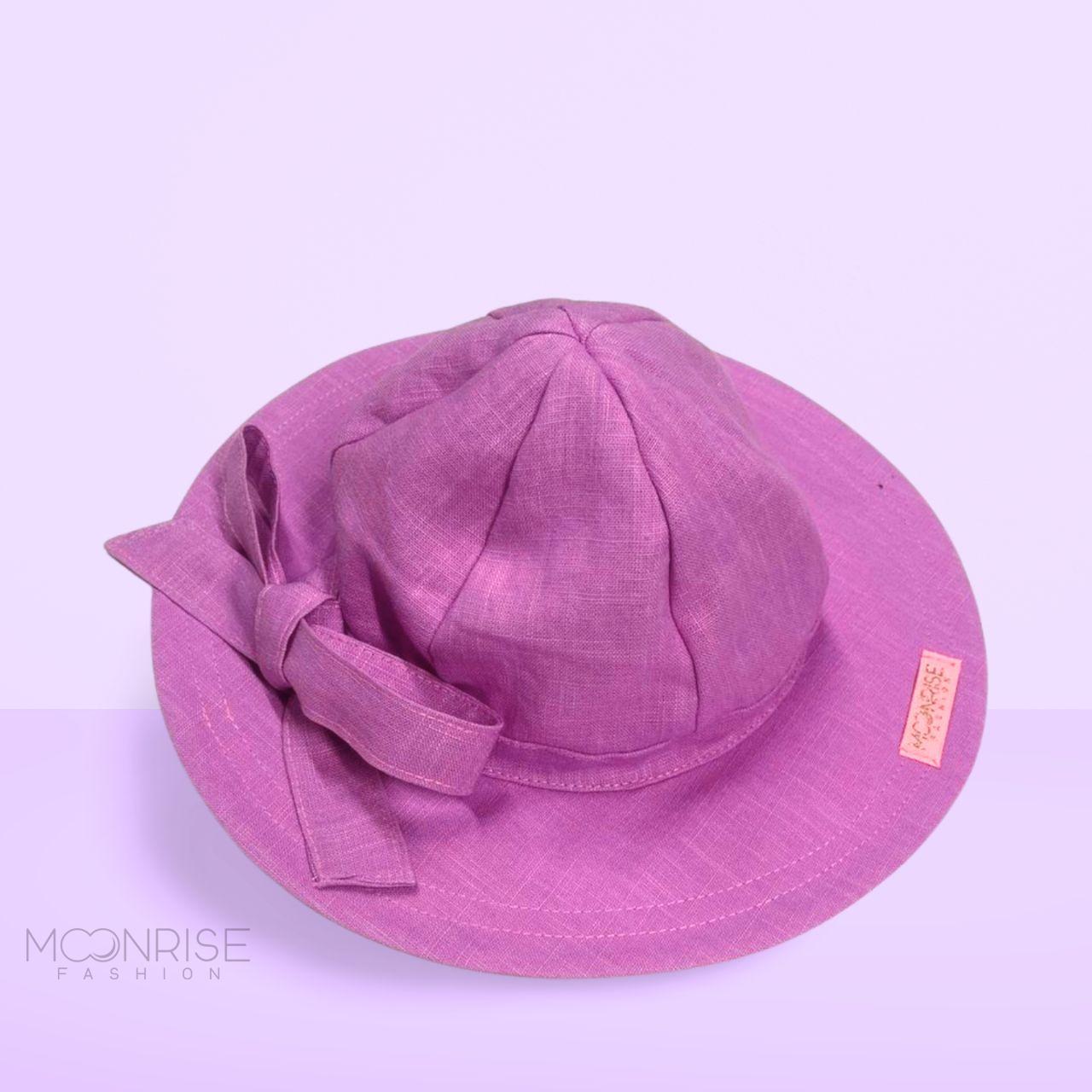 Detský ľanový klobúk fuchsia s mašľou