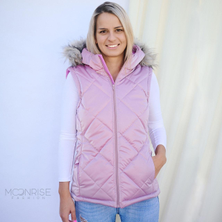 Dámska vesta s odjímateľnou kožušinkou - old pink zamatový efekt