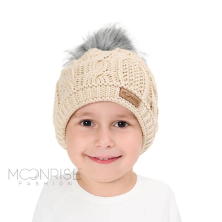 Detská/dámska zimná pletená podšitá čiapka - vrkoče beige